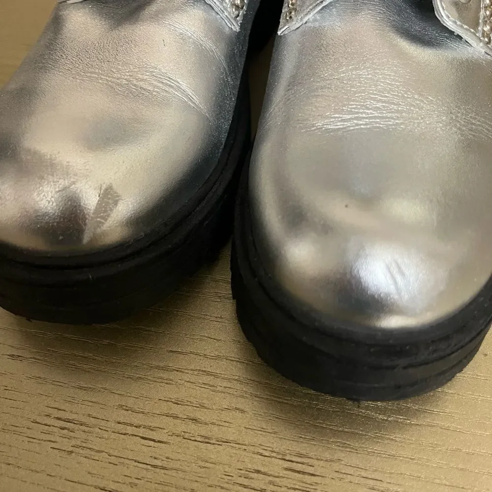 MonnaLisa Silver Combat Boots with Rhinestone Bow